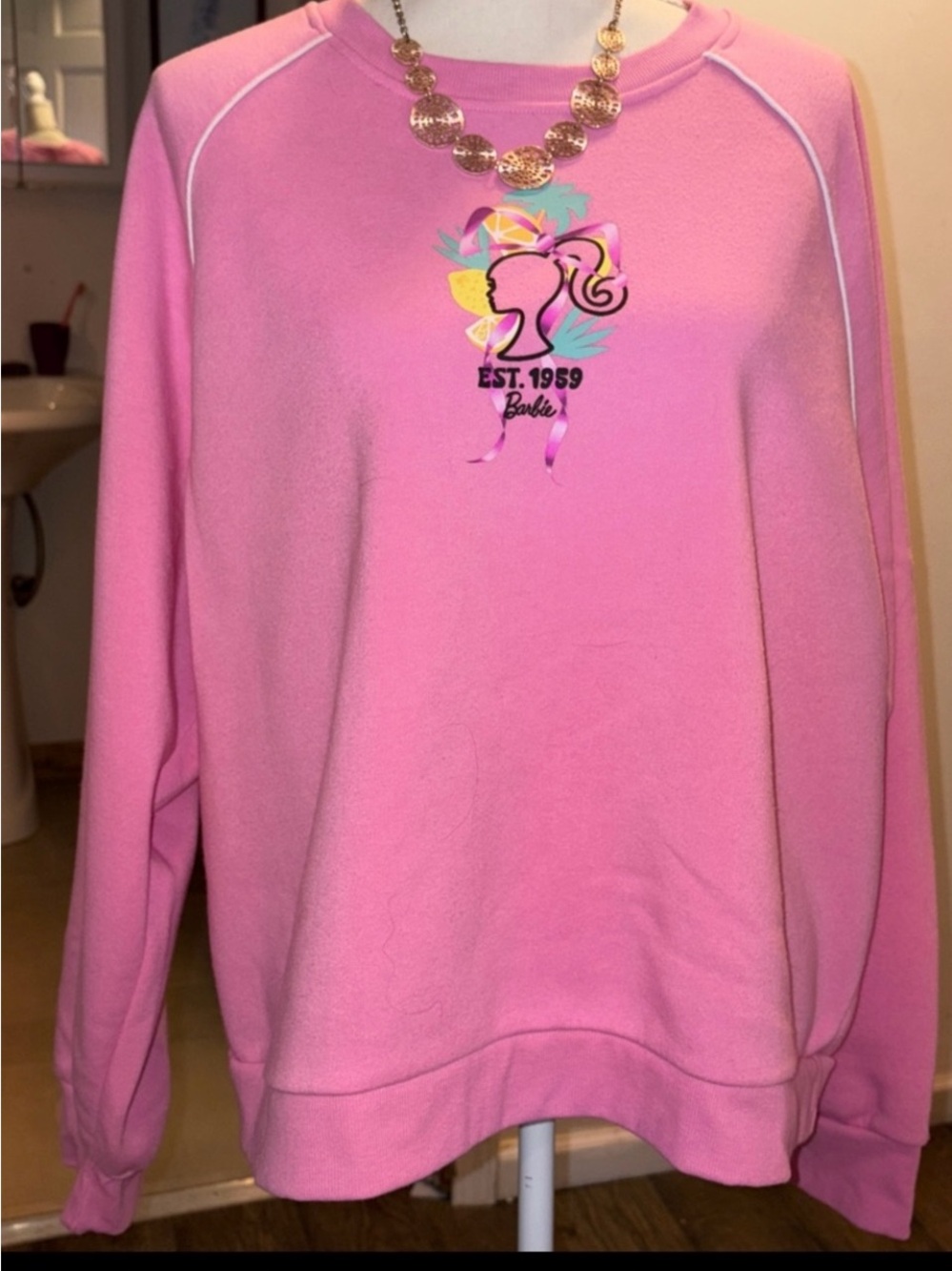 Barbie Pink Logo Pullover Sweatshirt with Multicolor Graphic